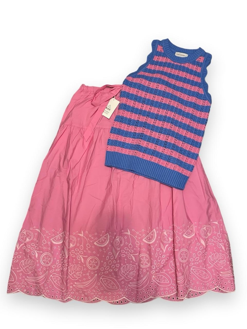 2 Piece Set! Pink Eyelet Skirt with Blue & Pink Striped Knit Tank